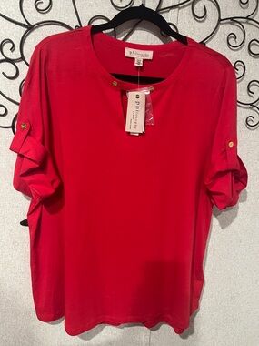 Philosophy Bright Red Short-Sleeve Roll-Tab Tunic with Gold Buttons